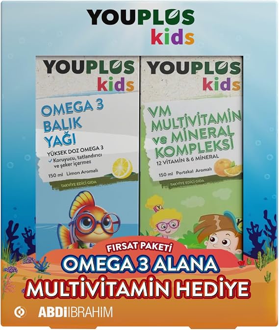 Youplus Kids Multi Vitamin ve Mineral Kompleksi 150ML Şurup & Youplus Kids Omega 3 Balık Yağı 150ML Şurup - 2 Kutu Avantajlı Paket