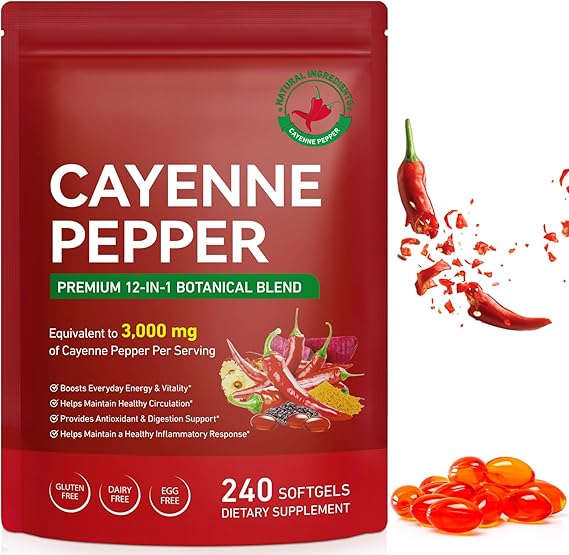Cayenne Pepper Capsules, Cayenne Pepper Capsaicin Supplement with Grape Seed, Hawthorn, Beetroot Extracts & Vitamin E D3 K2 for Leg Vein, Heart & Circulatory Support -240 Count