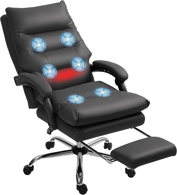 Vinsetto Massage Office Chair with Heated Function Reclining Black | Computer Desk Chair, Footrest, Double-Tier Padding, Swivel Wheels, Home Office