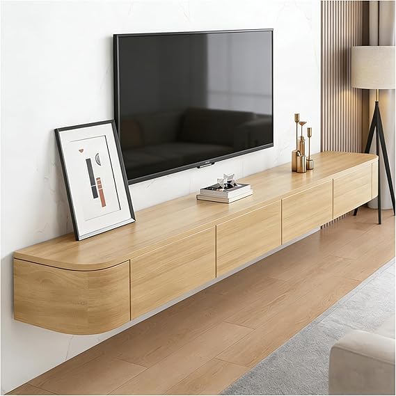 Wooden Floating TV Stand, Wall Mounted TV Console with Rounded Corners, Wall Mounted Entertainment Center with 2 Drawers, Hanging Media Console for Living Room Bedroom (Wood, 55in)