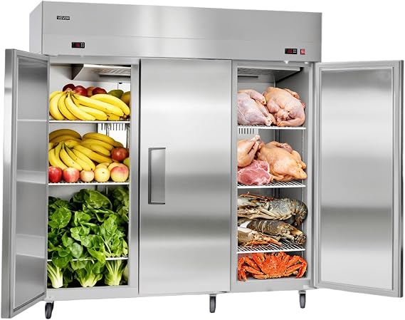 VEVOR Commercial Refrigerator and Freezer Combo 72" W, 51 Cu.Ft Stainless Steel Upright Freezer/Refrigerator with Three Doors, Auto-Defrost, 9 Adjustable Shelves, UL Certified