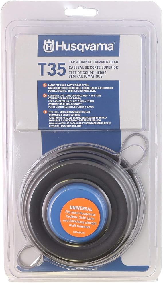 Husqvarna 537388101 Universal T35 Tap Advance Straight Shaft String Trimmer Head, Prewound with .095-Inch Line, Blue/Black, Gifts for Men | Universal, Straight Shaft, Prewound with .095-Inch Line