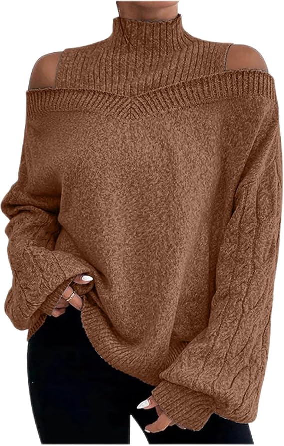 DMOYALA Cut Out Cold Shoulder Top for Women Off The Shoulder Mock Neck Sweater Jumper Top Turtle Neck Cold Shoulder Cable Knit Fall Pullover Sweater Tops Cutout Shoulder Trendy Oversized Sweater