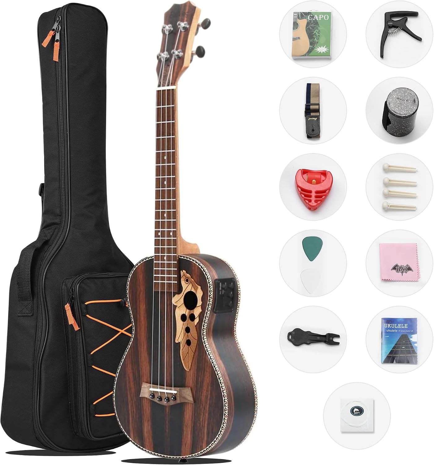 Backing Baritone Ukulele Left Handed, 30 All Black Wood Electric Ukulele Kit with Truss Rod with EQ with Gig Bag Baritone Ukulele, Left Hand