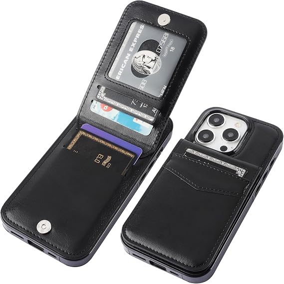 KIHUWEY for iPhone 15 Pro Wallet Case Card Holder Kickstand, Black | Credit Card Slots, PU Leather, Magnetic Clasp, Flip Heavy Duty Protection Cover for Men and Women