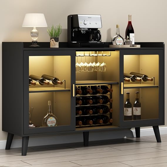 Wine Bar Cabinet with LED Light, Home Coffee Cabinet w/ Wine & Glass Holder | Kitchen Buffet Sideboard with Storage Shelf, Freestanding Liquor Cabinet for Living Room, Dining Room