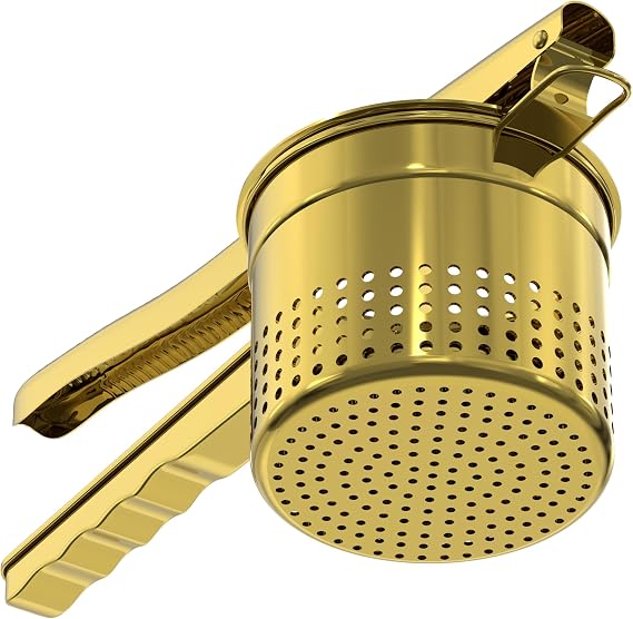 Livilord Large 15oz Potato Ricer, Heavy Duty Stainless Steel Ricer for Mashed Potatoes, Sweet Potato Masher Kitchen Tool with Ergonomic Handle, Press and Mash Kitchen Gadget, Gold