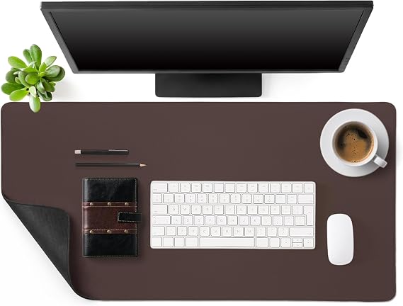 Tegeme Genuine Leather Desk Mat Large Desk Pad 31.5 x 15.7 Inch Non Slip Leather Table Protector with Stitched Edges and Rubber Base Brown Stylish Laptop Mat Smooth Writing for Workspace Home Office