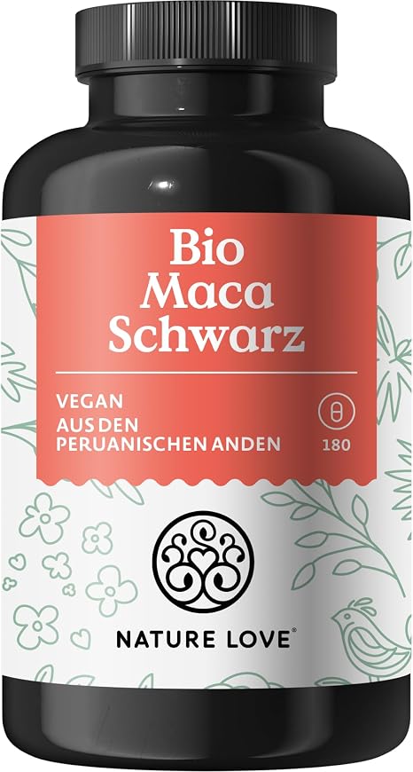 Nature Love® Organic Maca Capsules - 3000 mg Organic Black Maca per Daily Dose 180 Capsules with Natural Vitamin C No Additives such as Magnesium Stearate Certified Organic High-Dosage Vegan Made in Germany