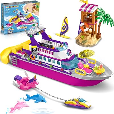 HOGOKIDS Boat Building Set with LED Light - Floatable Cruise Ship Building Toys with Beach Water Scooter & Dolphins Watchtower Blocks Friends Playset Gifts for Kids Girls Boys Ages 6-12 Years（501 PCS