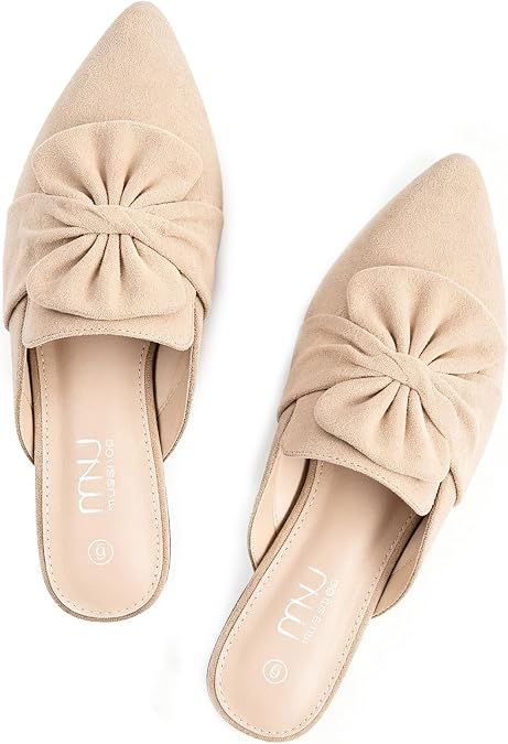 MUSSHOE Pointed Toe Womens Bow Mules: Slip On Backless Loafers - Dressy Casual Flat Shoes for Office Work & Everyday Wear