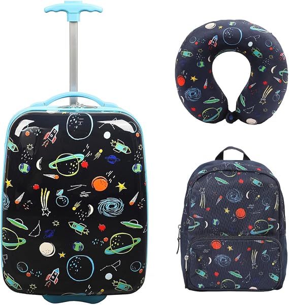 Bioworld Viggio Space Printed 2-Wheel Suitcase with Backpack and Neck Pillow – 3-Piece Travel Luggae Bag Set for Kids, Teens & Adults