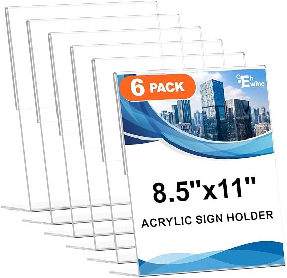 EHWINE 6 Pack 8.5 x 11 Acrylic Sign Holder, Clear Plastic Signs Display Stand, Vertical Slanted Back Paper Holder Stand up Table Top Sign Holders Flyer Stand Frames Suitable for Office Business Store