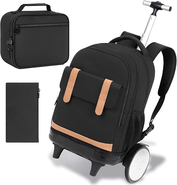 KLFVB Rolling Backpack with Big Quiet-Glide Wheels, 3-in-1 Wheeled Commuter Set with Lunch Bag | Water-Resistant Roller Bag for Men & Women, Work, Travel, School - Black