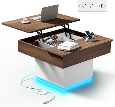 FABATO Lift Top Coffee Table with LED Light and Charging Station, 31.5 Inch Square Coffee Table with Hidden Storage, Modern Farmhouse Center Table for Living Room, Reception Dinning Room, White