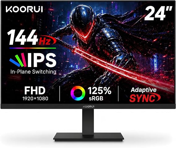 KOORUI 24 Inch Gaming Monitor 144Hz Full HD 1920 x 1080p IPS Ultra-Slim Display with HDMI VGA, Adaptive Sync, 99% SRGB, VESA 100x100mm, Eye Care, Tilt, HDMI 2.0, Black, E2411K