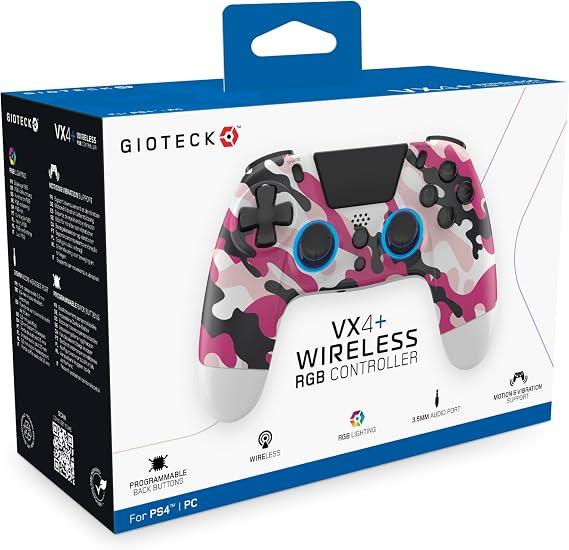 Gioteck VX4+ Wireless Controller for PlayStation 4 (PS4) - Pink Camo - Customisable RGB Lighting and Programmable Back Buttons - Bluetooth Compatible