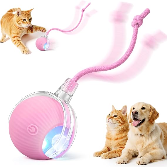 Smart Interactive Automatic Electric Rolling Moving Rechargeable Motion Activated Self Play Electronic Stimulation Chase Teaser Ball Toy with Rope for Indoor Bored Adult Cat and Dog, Pink