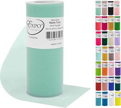 Expo International Decorative Matte Tulle, Lightweight Polyester Tulle Fabric for Tutus, Costumes, and Party Decorations, Washable, Easy-to-Use, 6 Inch x 25 Yards, Aqua Blue, Pack of 1