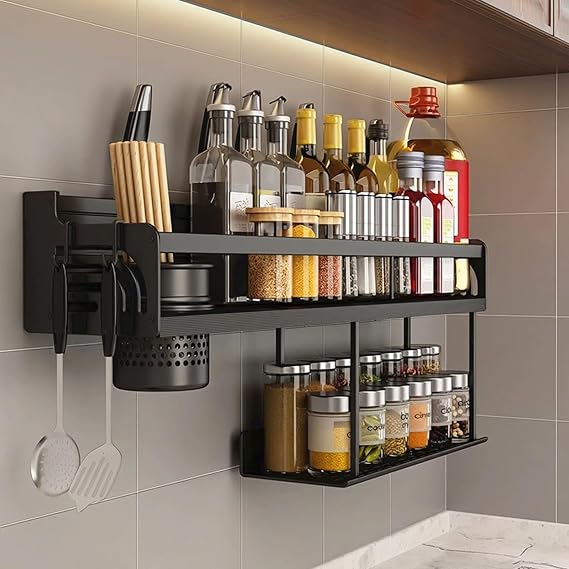 Spice Rack Wall Mounted - 40cm Hanging Storage Shelves with 6 Hook Up, Kitchen Wall Shelf Utensil Rack, Spice Racks Organiser for Spice Jars and Seasoning Bottles (Black)