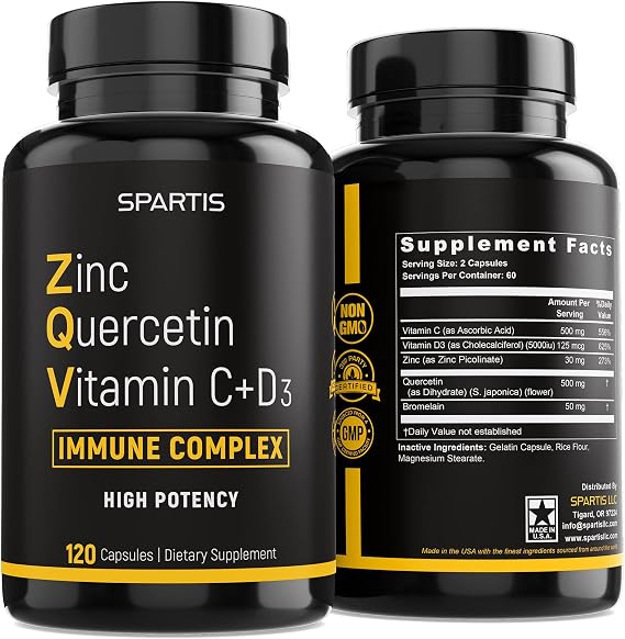 Zinc Quercetin 500mg with Vitamin C Vitamin D3 Bromelain Immune Support High Potency Quercetin Zinc Supplement ZQV by SPARTIS (Pack of 1 Bottle at 120-Caps)