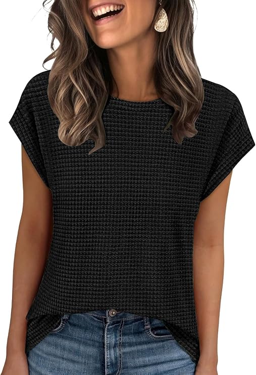 Summer Tops for Women Waffle Knit Tunic Shirts Cap Sleeve T-Shirt
