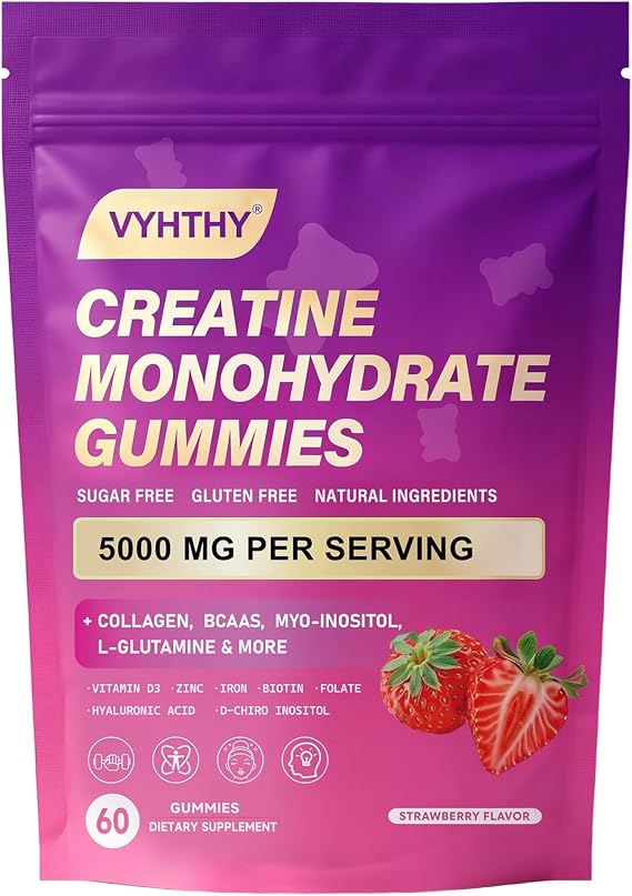 Creatine Monohydrate Gummies with Collagen, BCAAs, L-Glutamine, Biotin, Zinc, Vitamin D3 & Hyaluronic Acid Daily Pre & Post Workout Recovery, Sugar-Free (60 Gummies)