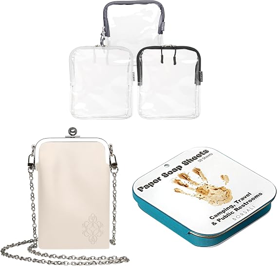 3-pack TSA Quart Size Bag Approved for Carry On Travel with Cream Small Crossbody Bag for Women and Paper Soap Sheets 1 Case with 50 Sheets To Go
