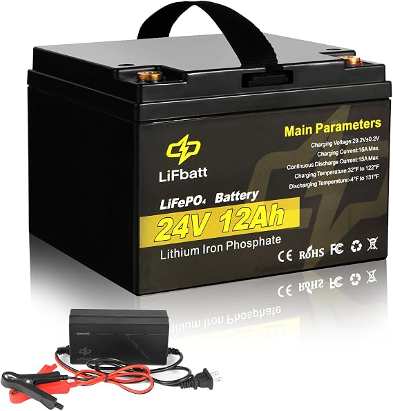 24V 12Ah LiFePO4 Battery Lithium Iron Phosphate Rechargeable Battery 4000+ Deep Cycles Built-in 15A BMS, with 29.2V 5A LiFePO4 Charger and Copper wire lugs and M6 screws.