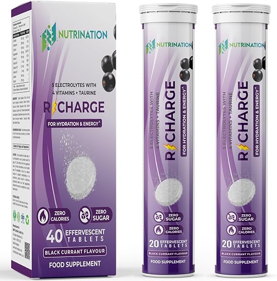 Electrolytes Hydration Tablets | 40 Effervescent Rehydration Tablets | 5 High Strength Electrolytes with Added Vitamin B6, B12, C & D | 250mg Taurine for Energy | Black Currant Flavour