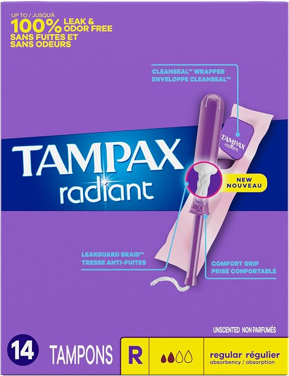 Tampax Radiant Plastic Tampons, Regular Absorbency, Unscented, 14 Count