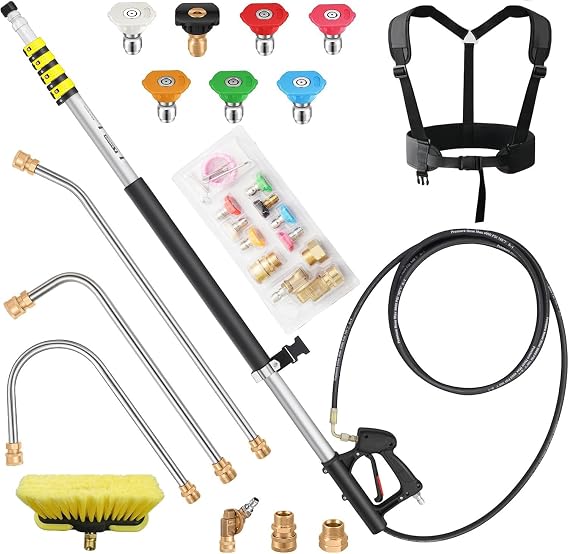 24 FT Telescoping Pressure Washer Wand Extension, Aluminum Power Washer Extension Wand with Brush Head, 7 Nozzle Tips, 3 Adapters & Support Harness, Gutter Cleaning Tools for 2 Story House