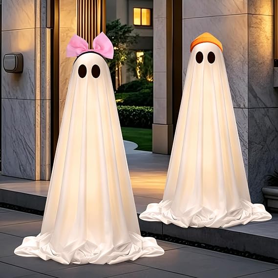 Halloween Decorations Outdoor Indoor, 2 Pack Spooky Ghost with Cute Decor, Scary Ghost Decorations with LED String Lights, Terrifying Halloween Decor for Home Outside Porch Garden Yard Lawn Party
