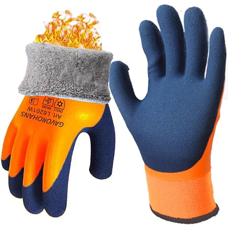 1 Pair Waterproof Thermal Winter Work Gloves Polar Fleece Liner Superior Grip Double Latex Coating for Garden Logistics Warehousing Cold Weather Outdoor Activities (Orange, M/8')