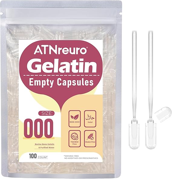 Empty Gelatin Capsules Size 000 Pure Bovine Capsule Shells 100 Count Easy Fill Halal Certified for Supplements Dry Powder Filling Home Use with 2 Micro Spoons
