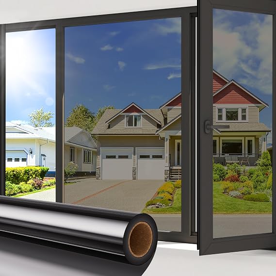 Coavas One Way Privacy Window Film Daytime Mirror Reflective Window Tint for Home Heat UV Sun Blocking Anti-Glare Covering See Out Not in Static Cling Removable for Bedroom,Black-Silver, 17.5x78.7 in