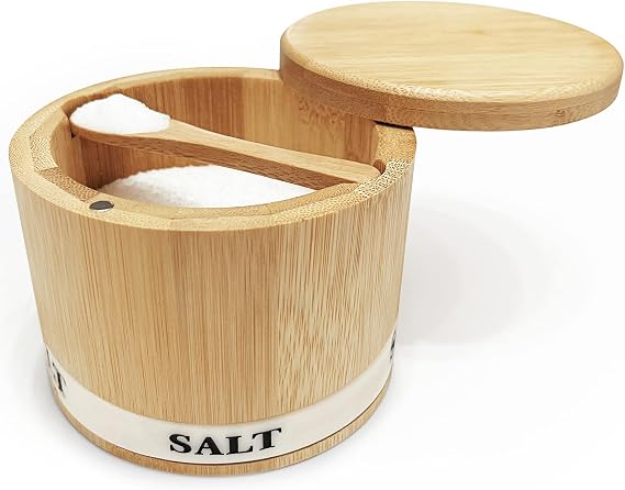 ThougrLyh Salt Cellar with Lid, Bamboo Salt Container for Countertop | Salt Box with Built-in Spoon and Divider, Luminous SALT Label Holder, 13oz Kitchen Salt Bowl for Sea Salt Pepper and Spice