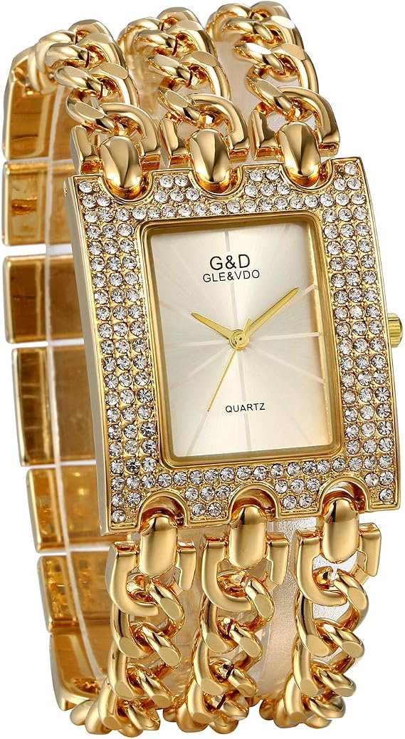 JewelryWe Women's Watches Elegant Analogue Quartz Wrist Watch Rhinestone Rectangular Casual Watch with Triple Curb Chain Bracelet