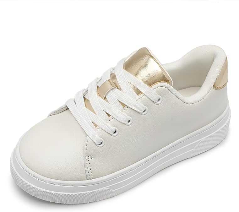 HOMEHOT Girls Sneakers Lace Up White Golden Shoes Thick-Soled Little Kid Big Kid