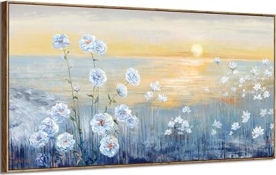 Blue Ocean Sunset Framed Wall Art Abstract Coastal Wild Flowers Beach Picture Sunrise With Yellow Orange Sky Natural Seascape Canvas Print White Wildflowers Sea Landscape Seaside Artwork 30x60inch