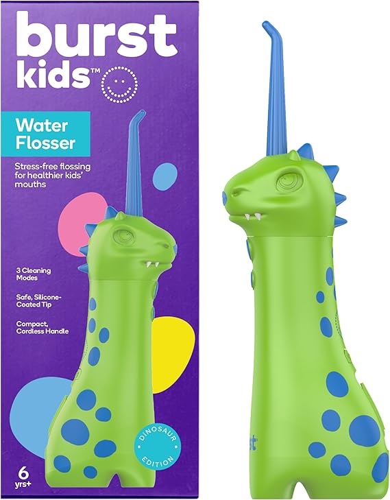 BURST Kids Water Flosser (Dinosaur) | Cordless & Rechargeable Water Flosser | 3 Gentle Pressure Modes | Silicone Safety Tip | Braces-Friendly | Fun, Kid-Safe Design | 155mL Water Tank