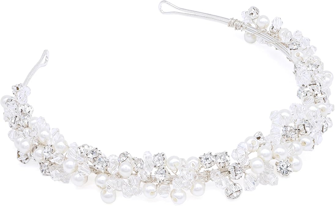Oriamour Bridal Headband Crystal Tiara for Women Pearl Wedding Headpieces for Bride Hair Accessories for Prom Birthday Party