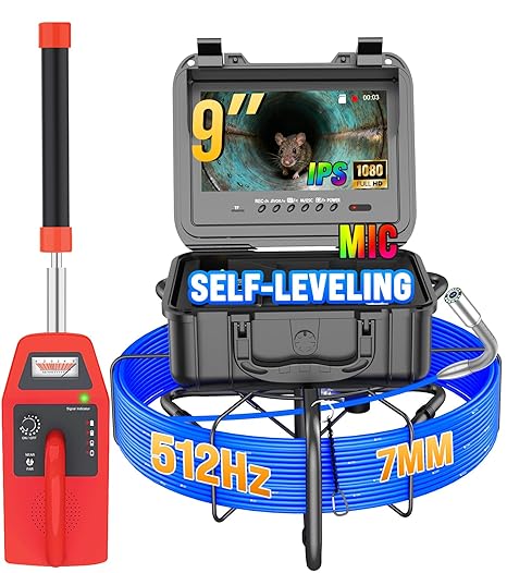 Anysun Sewer Camera with Locator Set, Self-Leveling, 7mm Cable with Depth Marking, IP68 Waterproof Plumbing Endoscope Drain Snake Camera with 9'' Color Screen, 12pcs Light, Recorder with 32GB(250FT)