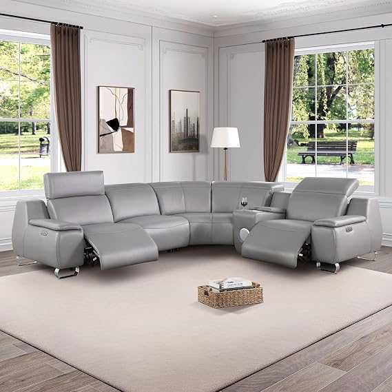 Power Recliner Sectional Sofa for Living Room, Grey Top Genuine Cowhide Leather Reclining Sectional Couch with USB Ports, 4-Seater Leather Couch with Console for Living Room/Apartment/Office