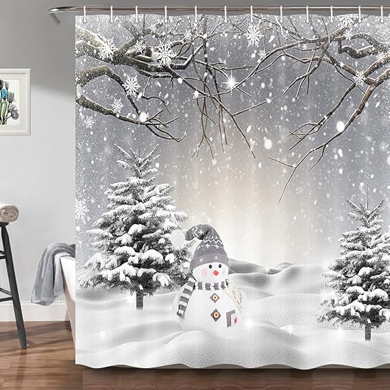 JAWO Winter Christmas Shower Curtain, Cute Snowman Snowflake Scene Shower Curtains for Bathroom, Pine Tree Covered Snow Fabric Bath Curtains Set with Hooks, 69x70 Inches