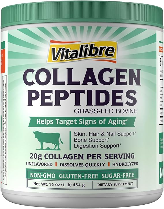 Vitalibre Bovine Collagen Peptides Powder for Women and Men, Grass-Fed Hydrolyzed Collagen Protein Type I & III, Skin, Hair, Nails, Bones, Digestion, Unflavored, Non-GMO, Keto & GF, 22 Servings, 16oz