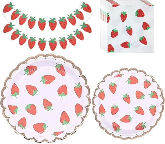 Strawberry Birthday Party Tableware Set for 20 Guests | Includes plates, napkins and 2 banners for sweet one, baby shower, fruit party and dessert table setups