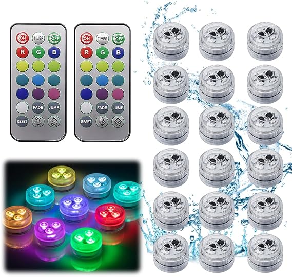 Mini Underwater Light Pack of 12/18 Mini LED Tea Lights Colourful with Remote Control 13 Colours RGB LED Lights with Remote Control Waterproof Tea Lights for Vase Aquarium Pool Garden Party (18 [Energy Class A]