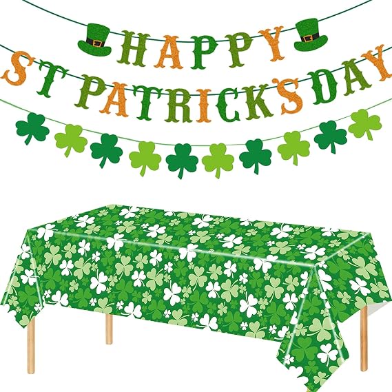 YANMIN St. Patrick's Day Decorations Happy St Patricks Day Banner Green Glitter Saint Patricks Day Banner Shamrock Clover Disposable Tablecloth for Saint Patricks Day Decor 54 X 108Inch