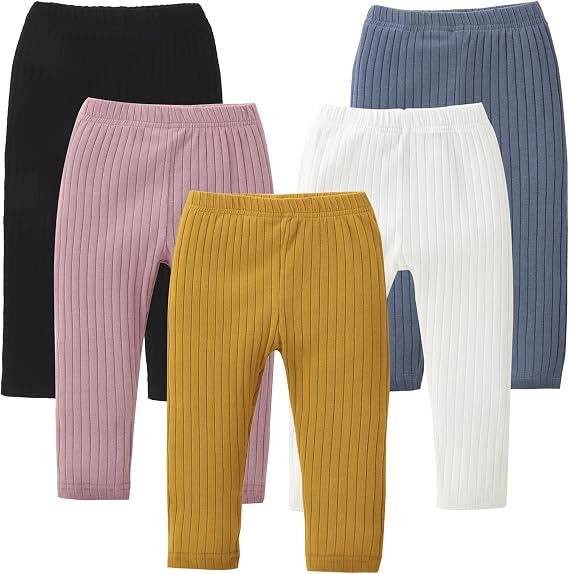 DREAM BUS 5 Pack Toddler Girl Leggings Ribbed Cotton Stretch Pants
